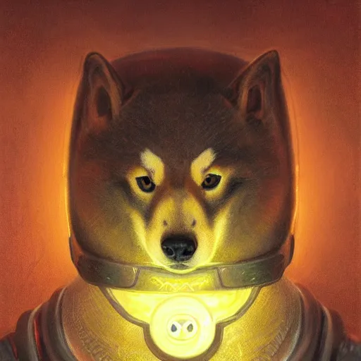 Prompt: realistic anthropomorphic shiba inu, in radiation suit armor, fantasy science fiction, glowing electric aura, by donato giancola and greg rutkowski and wayne barlow and zdzisław beksinski, realistic face, visible face, digital art, artstation, symmetry