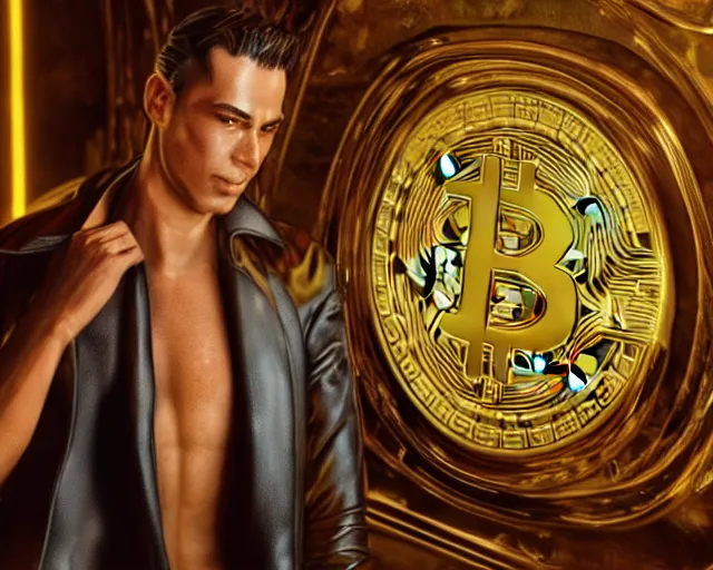 Image similar to attractive oiled up glossy man posing in front of a huge golden bitcoin, angelic light, commercial by annie liebovitz, tom finland, gaston bussiere, craig mullins, j. c. leyendecker, photorealistic, trending artstation, 8 k, smooth
