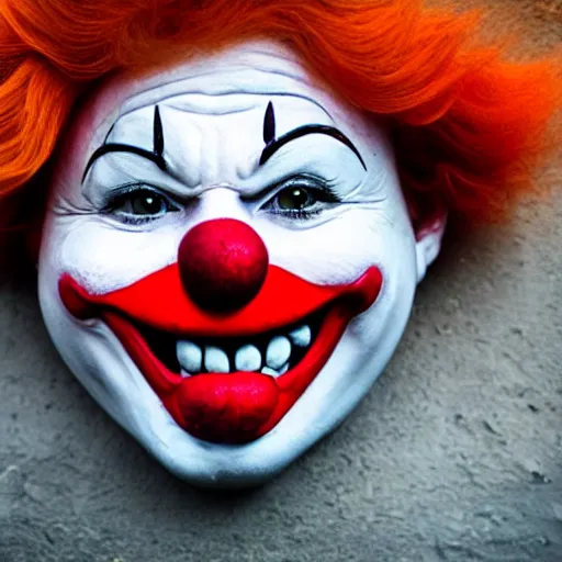 Image similar to it. clown with sharp teeth, red nose and orange hair smiling evilly from storm drain