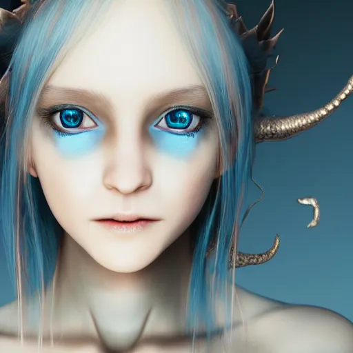 Prompt: portrait of young girl half dragon half human , dragon skin, dragon eyes, dragon crown, blue hair, long hair, highly detailed 3D render, 8k, rpg concept art character, jrpg character, manga, anime, video game character, concept art, by Yoshitaka Amano and David Lynch and David Cronenberg