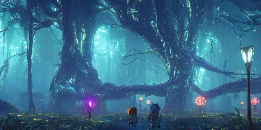 Prompt: huge cybernetic trees and neon cyberpunk lanterns, misty nighttime. radiating rich energy. photorealistic, expansive atmosphere, volumetric shading, holographic, intricate and detailed, vivid colors. aesthetic. ori and the blind forest, breath of the wild style, by miyazaki ghibli!!!. trending on artstation. award winning