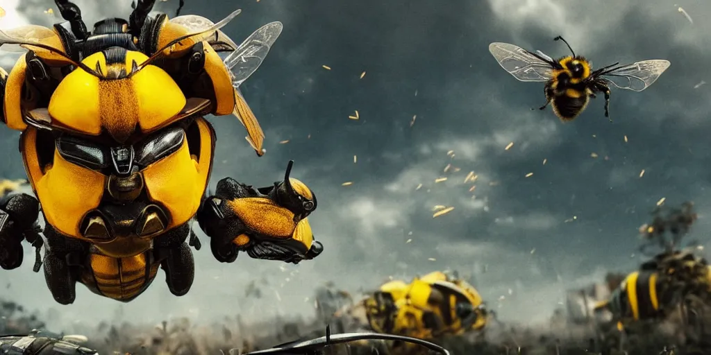 Image similar to HUGE BUMBLEBEE VERSUS THE EARTH, realistic 4k octane beautifully detailed render, 4k post-processing, highly detailed, intricate complexity, epic composition, magical atmosphere, cinematic lighting, masterpiece, ultra hd