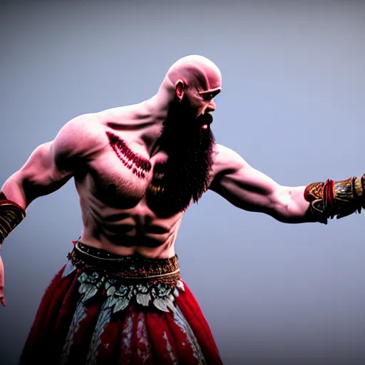 Image similar to kratos dancing ballet, wearing a tutu, ultra realistic, intricate details, highly detailed, photorealistic, octane render, 8 k, unreal engine.