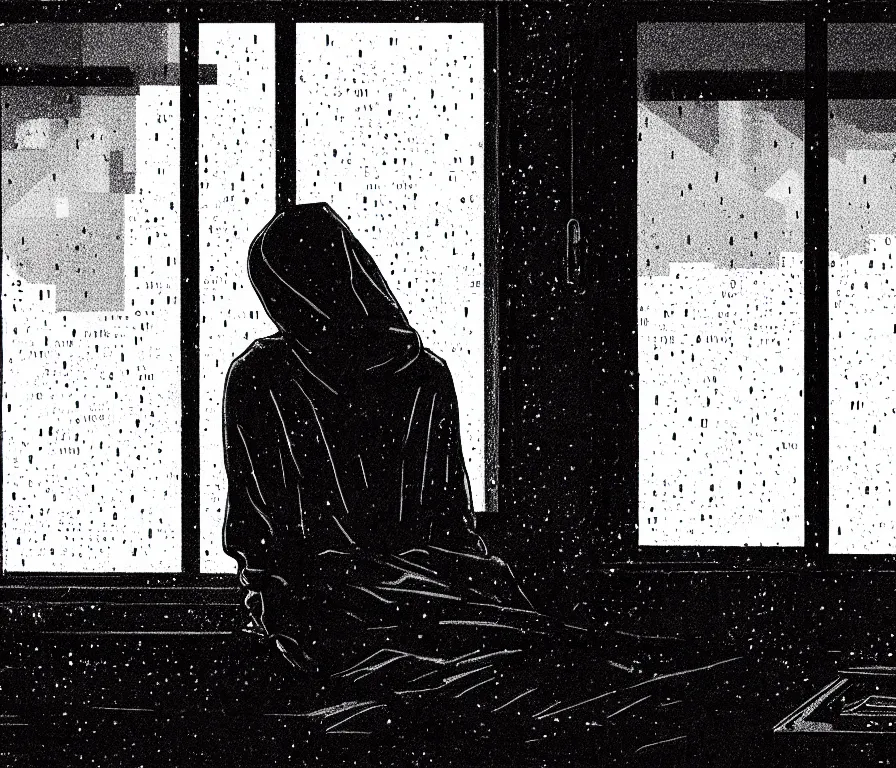 Prompt: sadie sink in hoodie sits on windowsill, knees tucked in | rain falls at night : storyboard, scifi cyberpunk. by gabriel hardman, joe alves, chris bonura. cinematic atmosphere, detailed and intricate, perfect anatomy