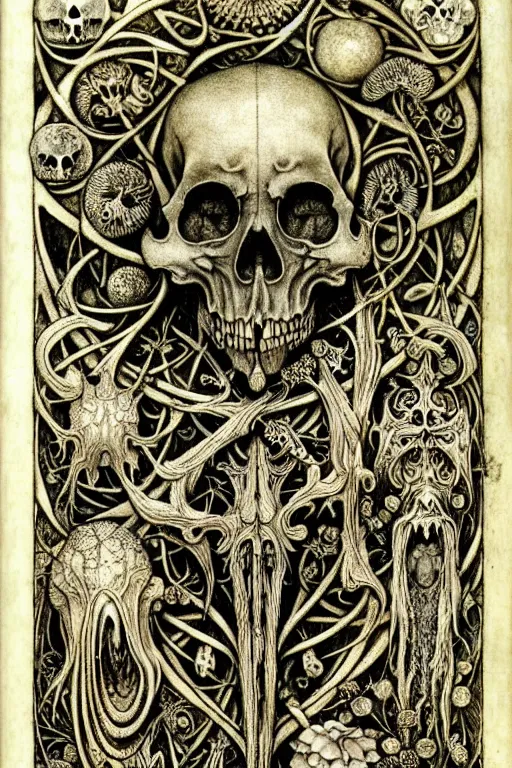 Image similar to memento mori by arthur rackham, art forms of nature by ernst haeckel, exquisitely detailed, art nouveau, gothic, ornately carved beautiful skull dominant, intricately carved antique bone, art nouveau botanicals, ornamental bone carvings, art forms of nature by ernst haeckel, horizontal symmetry, arthur rackham, ernst haeckel