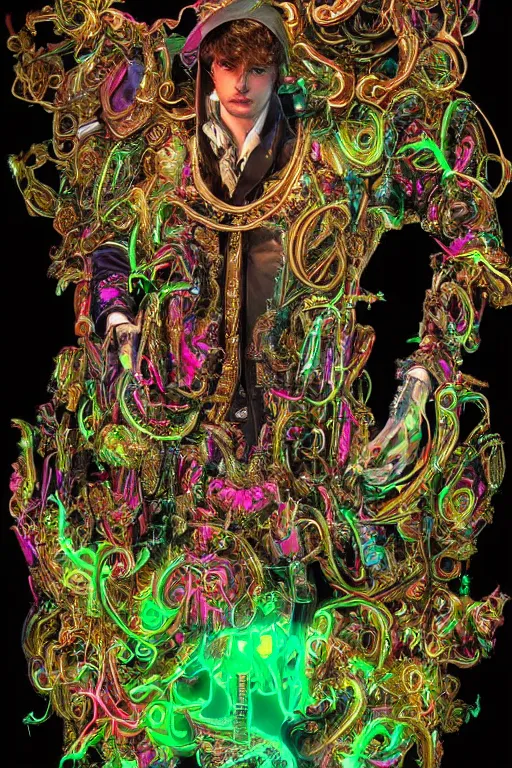 Prompt: full-body bladerunner neon baroque style sculpture of a young handsome Spanish prince as a half cibernetic android with a chest opening exposing circuitry and electric sparks, glowing laser beam eyes, crown of giant neon diamonds, flowing neon green colored silk, fabric, raptors. baroque elements. full-length view. mechanical gear neon flowers. intricate artwork by caravaggio. black screen panel for a face. Trending on artstation, octane render, cinematic lighting from the right, hyper realism, octane render, 8k, depth of field, 3D