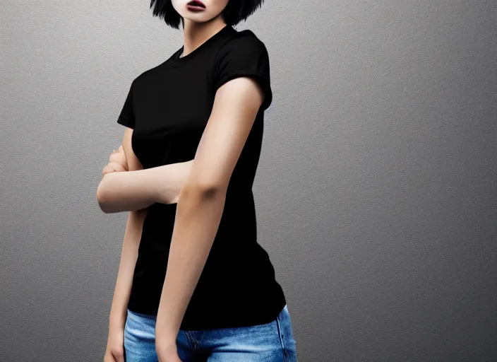 Image similar to clear photorealistic mockup product photograph of a blank black tshirt on an attractive female model in front of an urban background