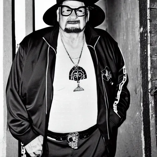 Image similar to Good ol' JR Jim Ross, wearing a tracksuit, standing in a dark alleyway, wearing a black cowboy hat, cyberpunk