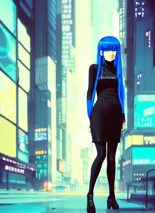 Image similar to hyper realistic photograph portrait of cyberpunk pretty girl with blue hair, wearing a tight black dress, in city street at night, by makoto shinkai, ilya kuvshinov, lois van baarle, rossdraws, basquiat