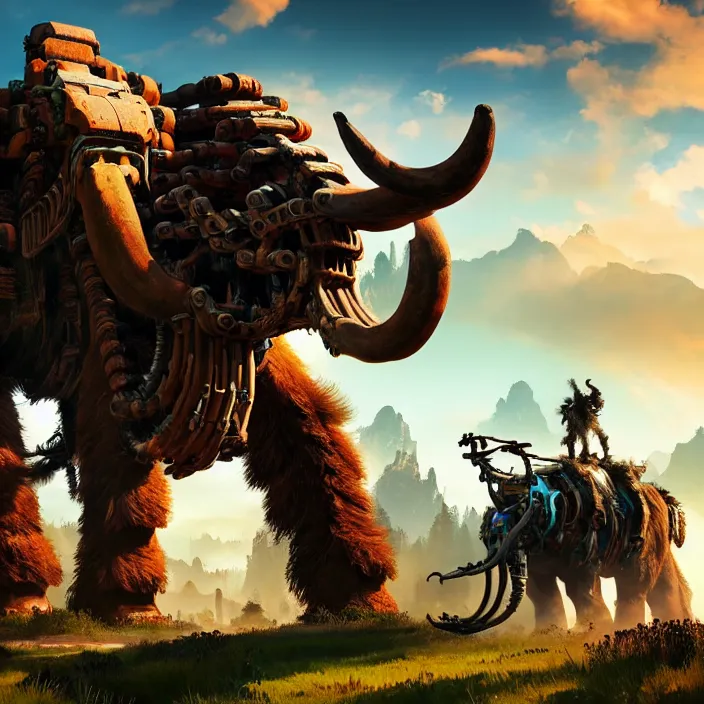 Image similar to photo of a mechanised mammoth in the style of horizon zero dawn, highly detailed, 4 k, hdr, smooth, sharp focus, high resolution, award - winning photo