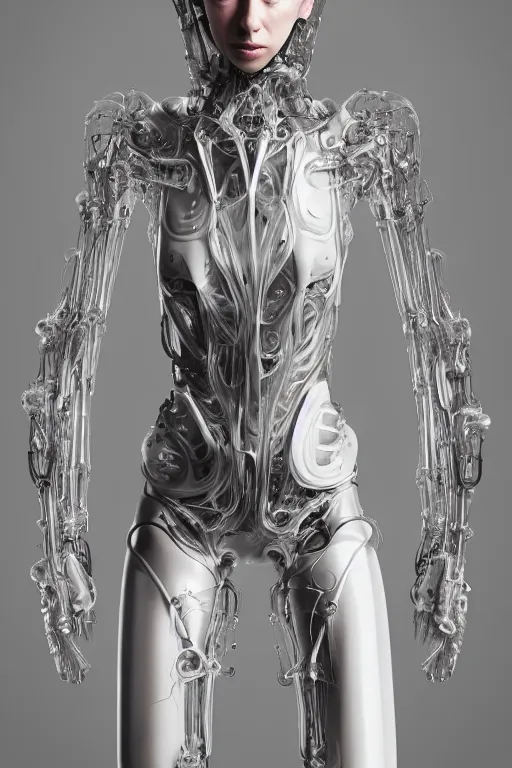 Prompt: iris van herpen, perfect symmetrical body, helmet on face, full body shot, inflateble shapes, wires, tubes, veins, jellyfish, white biomechanical details, wearing epic bionic cyborg implants, masterpiece, intricate, biopunk, vogue, highly detailed, artstation, concept art, cyberpunk, octane render