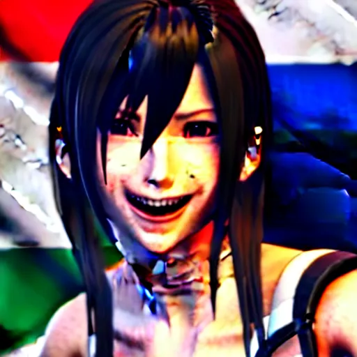 Prompt: Tifa Lockhart from Final Fantasy VII Remake (2020) laughing with the Italian flag in the background