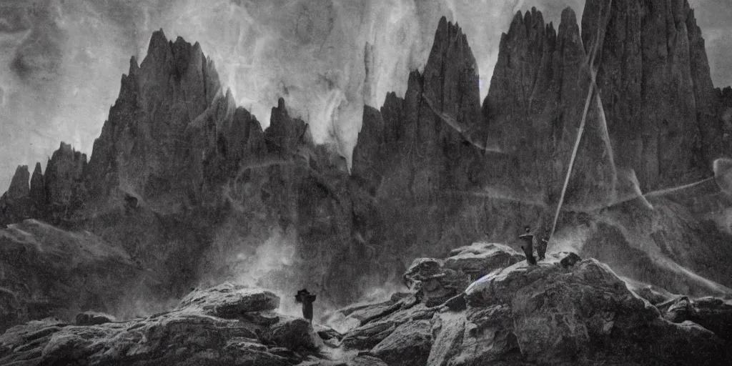 Image similar to 1920s photography of the king god of the dolomites, occult signs, witch burning, pyre, solstice fire, alp, dolomites, alpine, detailed intricate insanely detailed octane render, 8k artistic 1920s photography, photorealistic, black and white, chiaroscuro, hd, by David Cronenberg, Raphael, Caravaggio