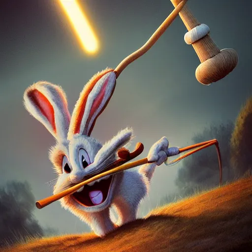 Prompt: Bugs Bunny swinging a mallet, 4k, trending on artstation, dramatic lightning, highly detailed, cinematic, illustration,