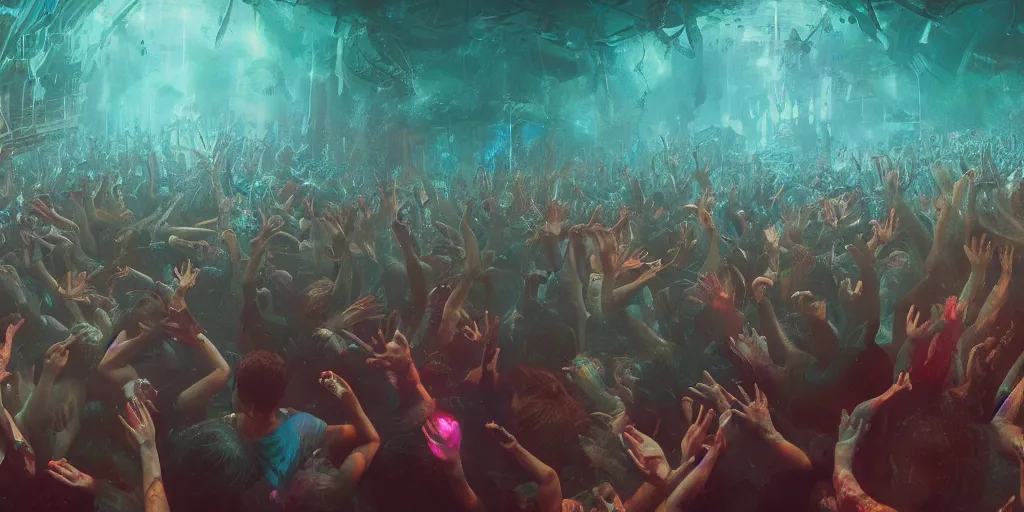 Image similar to Rave party moshpit underwater, ethereal atmosphere, realistic digital art 4K, high quality, Greg Rutkowski, Zabrocki, Karlkka, Jayison Devadas, Phuoc Quan, trending on Artstation, 8K, ultra wide angle, zenith view, pincushion lens effect