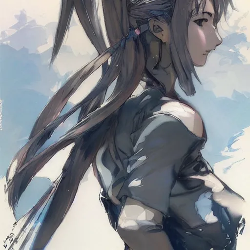 Prompt: girl silver ponytail hair, f850gs, illustration by Yoji Shinkawa and Krenz Cushart