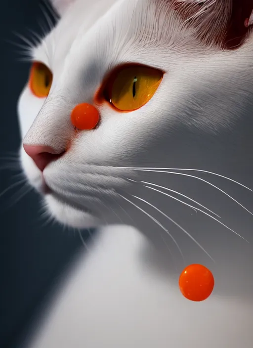 Image similar to a portrait of a white cat with orange spots, 8k photorealistic, cinematic lighting, HD, high details, dramatic, trending on artstation, view from a distance