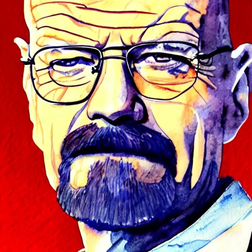 Image similar to a watercolor style paintin of walter white, blue background.