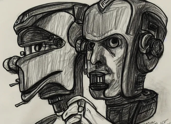 Prompt: drawing, scribble, sketch of a robot sci - fi war lord smoking cigar