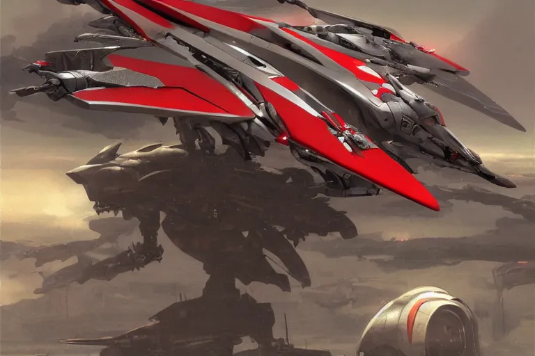 Image similar to a pteranodon mecha interceptor, white john berkey armor panels, wine-red and grey trim, skull insignia, robotech styling with Kanji markings, boeing concept art painting, cinematic lighting, amazing lifelike cinematic photo render