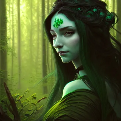 Image similar to wide angle, rogue, green black blue color palette, focused, forest, female, d & d, fantasy, intricate, elegant, highly detailed, long jet black hair, digital painting, artstation, octane render, concept art, matte, sharp focus, illustration, hearthstone, art by artgerm, alphonse mucha johannes voss