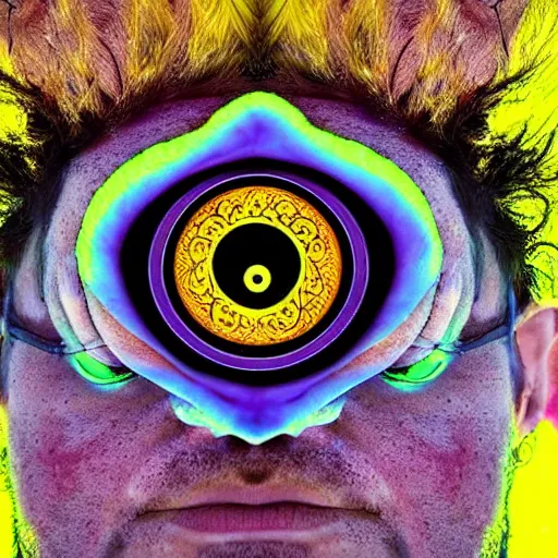 Image similar to three eyed gods, third eye middle of forehead, wide wide shot, very hairy bodies, vivid colors, eye in forehead, beautiful lighting, detailed photograph