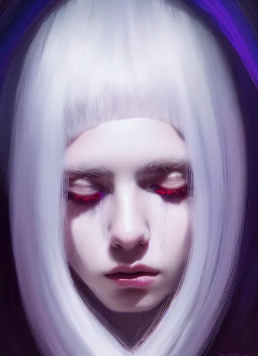 Image similar to hair whitebangs hair, white hair, whitebangsblackhair, portrait of teenage girl with white bangs, red irises, purple clothes, intricate, elegant, glowing lights, highly detailed, digital painting, artstation, concept art, sharp focus, illustration, art by wlop, mars ravelo and greg rutkowski