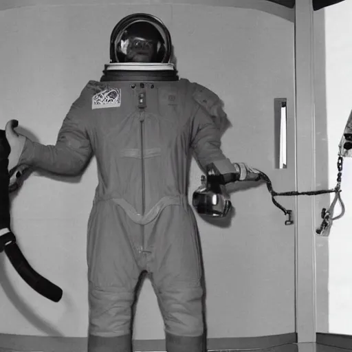 Prompt: photograph of an astronaut in handcuffs inside a jail cell