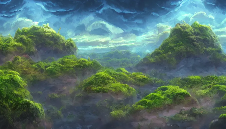 Image similar to beautiful stunning slightly cloudly sky with various differently colored floating islands made of dirt and sand and stone with many varied rainforest forest desert plants and few little animals, landscape, fantasy, concept art, unreal engine, painted in photoshop, krita, clip studio paint, procreate, mypaint, digital art, trending on artstation