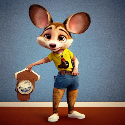 Image similar to 3 d render, portrait, upper body shot, mid shot, anthropomorphic mouse, female, blond furr, blue eyes, wearing denim short shorts and a off yellow tank top shirt, solo, in the style of zootopia