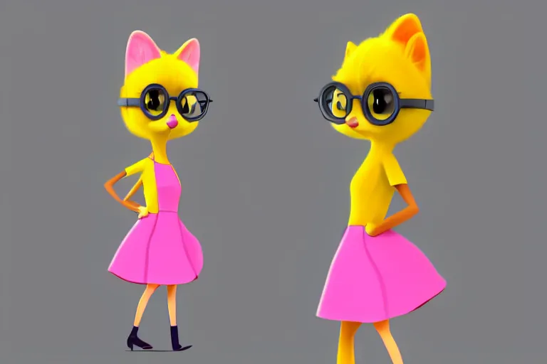 Prompt: detailed flat 2 d : female marten character : wearing jewelry : wearing a pink dress : wearing yellow hat : head torso legs feet : lorax movie : artstation : cel shading