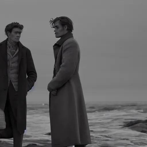 Prompt: Willem Dafoe and Robert Pattinson in The Lighthouse (2019), black and white cinematography