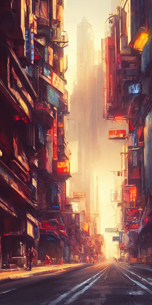 Image similar to an epic painting of the city street, oil on canvas, cold colors, perfect composition, golden ratio, beautiful detailed, photorealistic, digital painting, artstation, concept art, smooth, sharp focus, illustration, cyberpunk background, artstation trending, octane render, unreal engine
