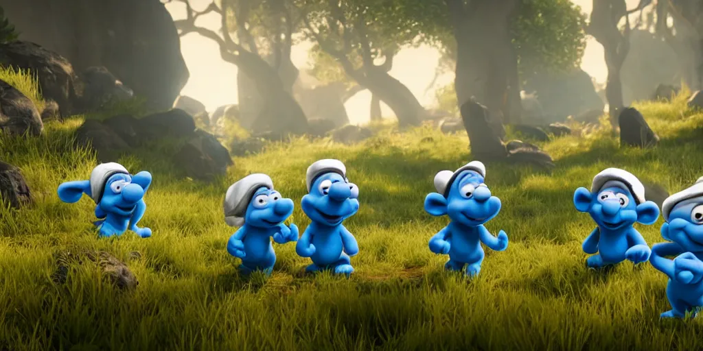 Image similar to smurfs in the unreal engine, 8k, high detail, volumetric lighting, lensflare