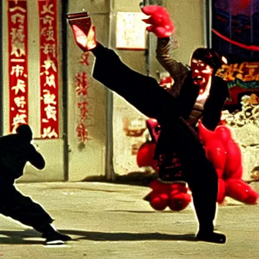 Image similar to Jack Burton throwing a knife at a tall Chinese clown, Lo Pan, cinematic still, amazing photo