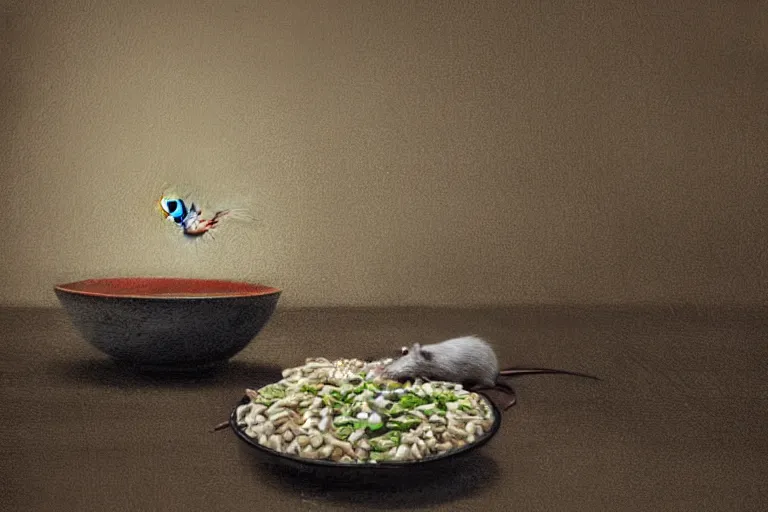 Image similar to a rat in a bowl with a few rice grains and broken chinese chopsticks, on a dirty table in poor apartments, dark atmosphere, digital art, very realistic