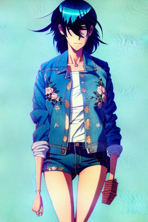 Image similar to a ultradetailed beautiful painting of a stylish woman in a denim jacket and shorts, by conrad roset, greg rutkowski and makoto shinkai trending on artstation