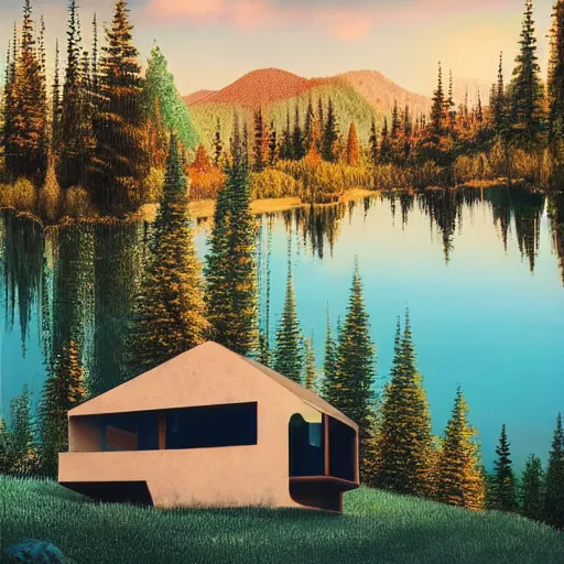 Prompt: small robot cottage at the edge of a lake in the mountains, painterly painting by james gueney and beeple, soft glowing windows, early evening, reflections, pine trees, detailed, outlined