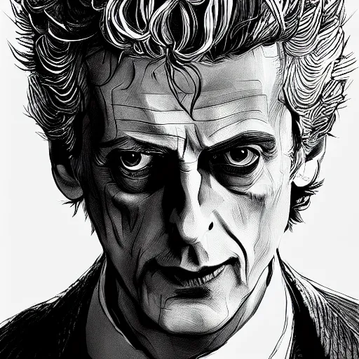 Image similar to Peter Capaldi in a scene from Berserk, artstation, concept art, sharp focus, illustration in pen an ink, extremely detailed, extremely complex, black and white, art by Masashi Tanaka