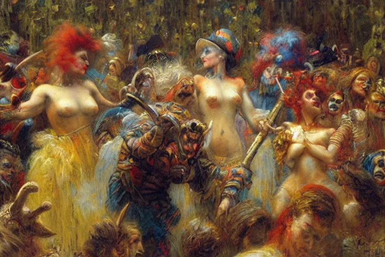 Image similar to war of the clowns. art by gaston bussiere.