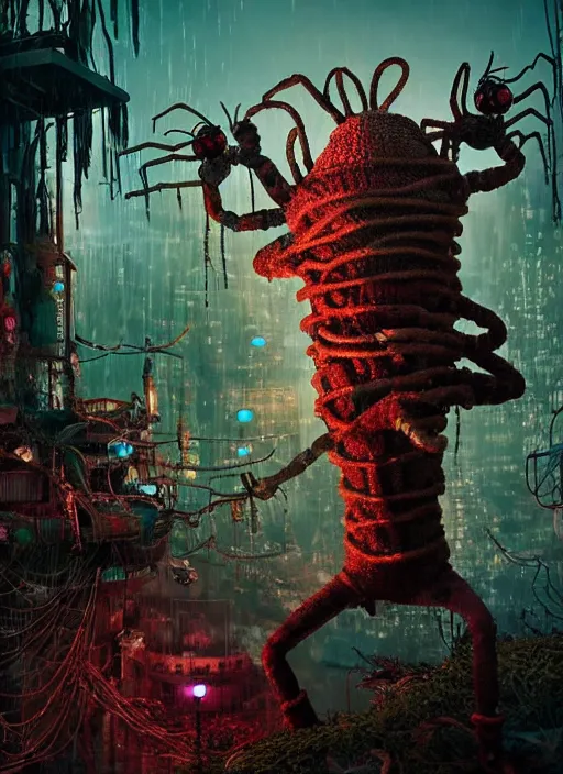 Image similar to intricate Waldo from Where's Waldo, being eaten by a spider, on the background of a weird magical mechanical forest. Very detailed 8k. Fantasy cyberpunk horror. Sharp. Cinematic post-processing