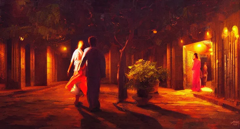 Image similar to lovers in the dark. art by salman toor. global illumination, radiant light, detailed and intricate environment, atmospheric light, cinematic, saatchi art