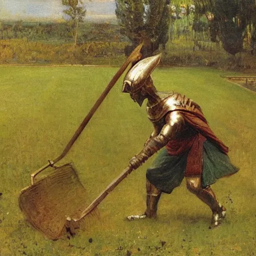 Image similar to A spartan mowing the lawn, photorealistic, by Ilya Repin and Dr. Seuss