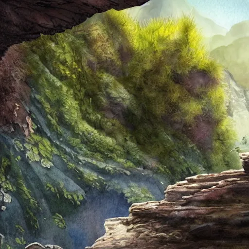 Image similar to beautiful lush natural scene on another planets cliffs, with interesting creatures. different than earth but beautiful. lightfall. beautiful detailed artistic watercolor 8 k hd. trending on artstation and deviantart.