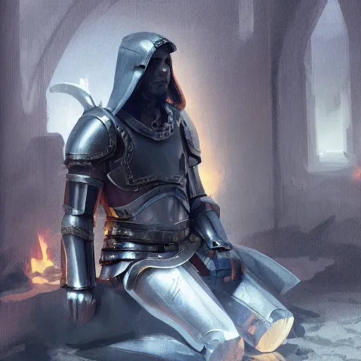 Image similar to 'A human male paladin in chainmail is resting on 1 knee, art by Greg Rutkowski, 4k'