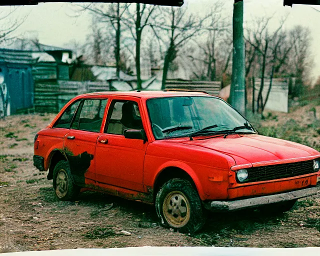 Image similar to a lomographic photo of old lada 2 1 0 7 standing in typical soviet yard in small town, hrushevka on background, cinestill, bokeh