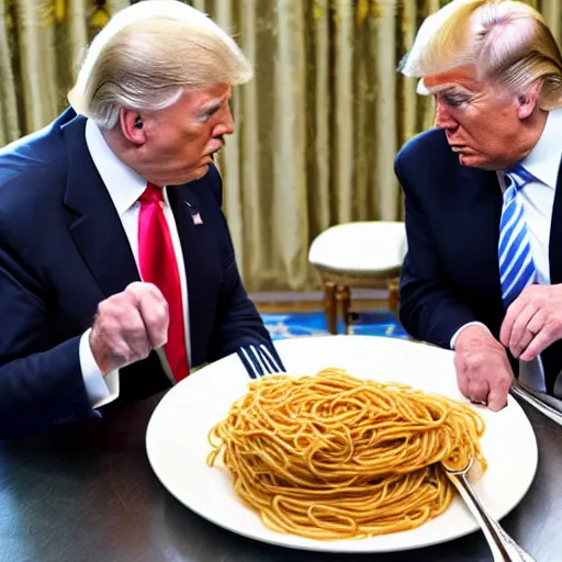 Image similar to Joe Biden and Donald Trump eating spaghetti with beans