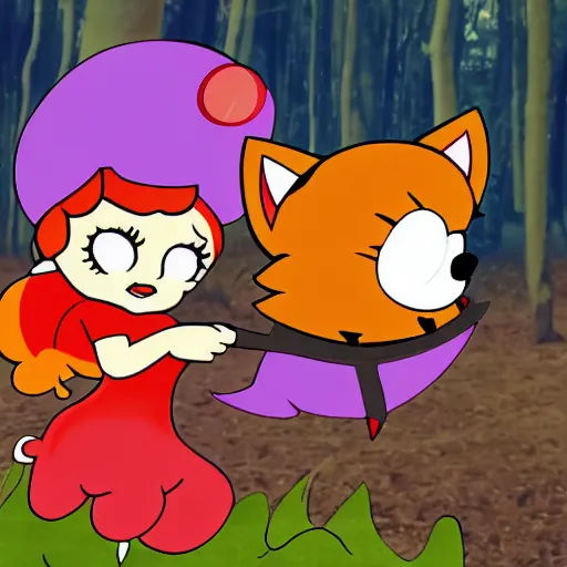 Prompt: betty boop riding a fox in the woods, high definition
