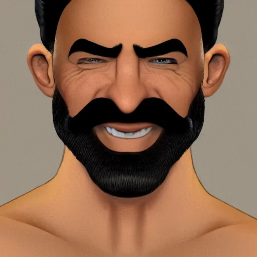 Image similar to An old middle aged superhero with black hair that's graying on the sides with a thick mustache and a strong prominent jawline and great smile in real life, portrait, photograph, realistic, hyperrealistic, highly detailed, very detailed, extremely detailed, detailed, digital art, trending on artstation, head and bodyshot