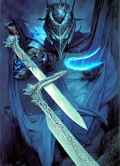 Prompt: magic sword called the azure serpent blade. pale blue metal ( unnaturally light ). slender blade ( but stronger than steel ). serpent engravings ( twisting along the blade ). dnd. dark fantasy art, intricate fantasy painting, dramatic lighting, vivid colors, deviantart, artstation, by edgar maxence and caravaggio and michael whelan and delacroix.